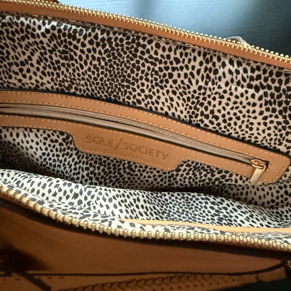 Sole Society Tan Satchel Crossbody Bag Whipstitch Faux Leather Camel Tote - Picture 7 of 8